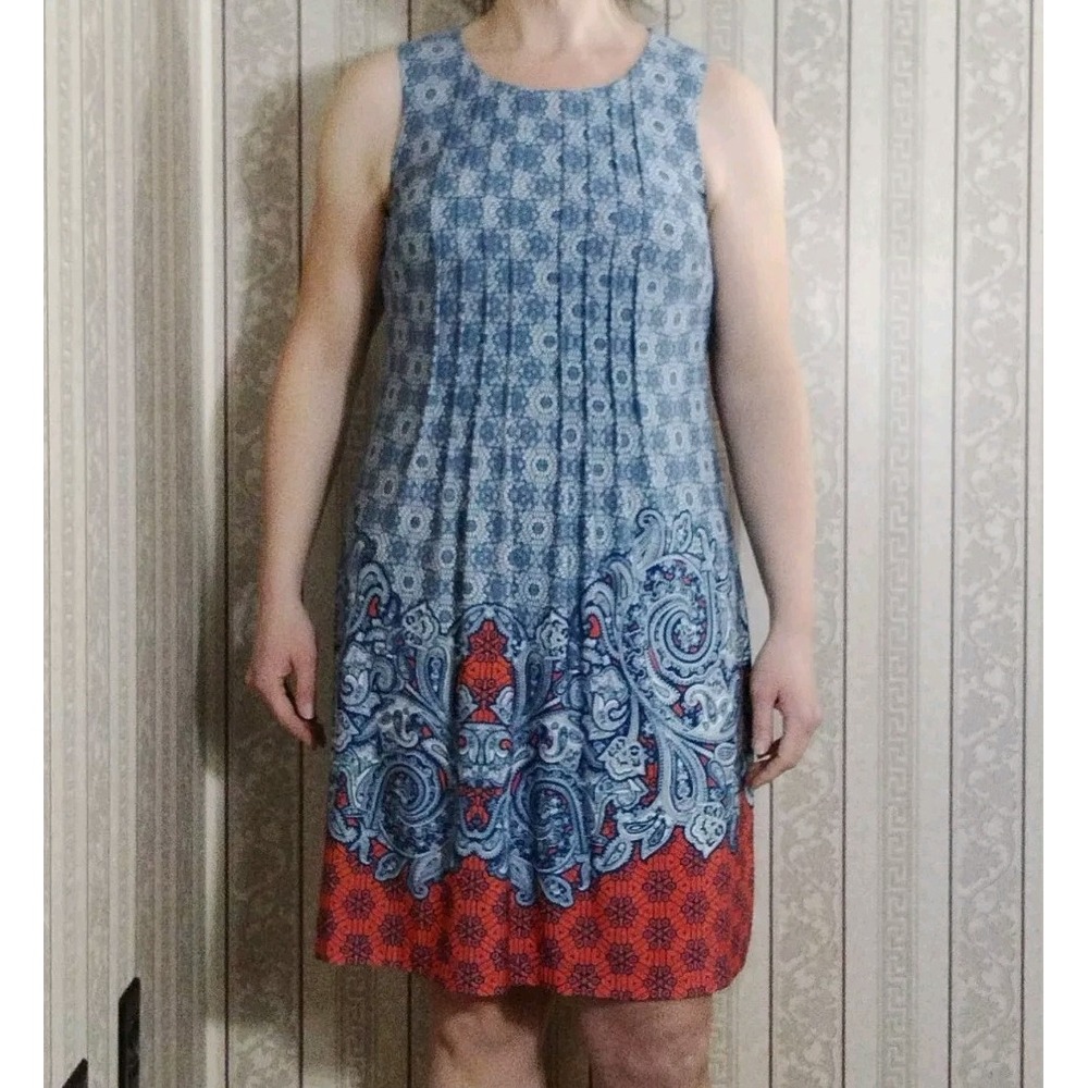 North Style Dress Womens 8 Blue And Salmon Boho Paisley Stretch Pleated